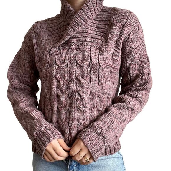 Vintage Womens Purple Red Hand Knit Fisherman Chunky Wool Cable Sweater Sz M - Picture 3 of 7